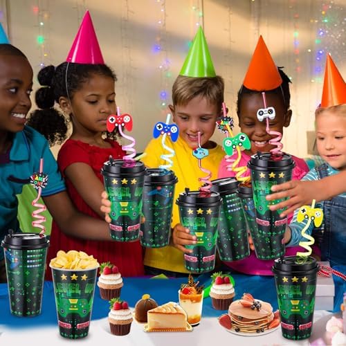 Maxcheck Game Controller Cups 24 Pack Birthday Favors with Lids and Straws