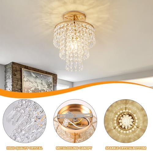Modern Mini Crystal Chandelier 3-Tier Raindrops Design Gold Finish