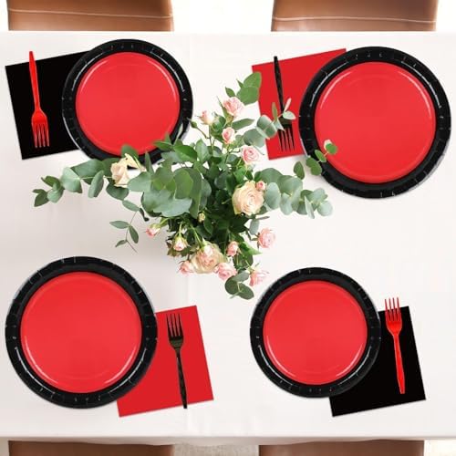 50 Guests Red and Black Party Plates and Napkins