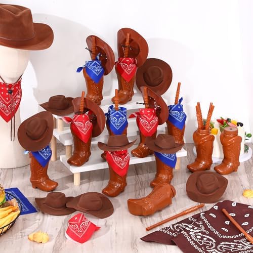 Xtinmee 72 Pcs Cowboy Boot Cups with Mini Hats and Paisley Bandanas Set for 12 or 24 Guests