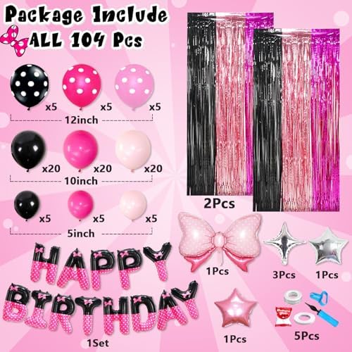 YIIHMEI Birthday Decorations with Black Pink Letters Banner Balloons Kit for Girls Baby Shower - 104Pcs