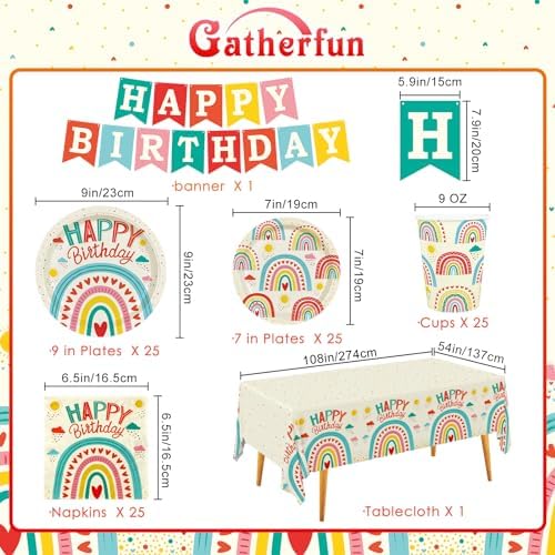 Retro Rainbow Happy Birthday Party Supplies Set for 25 Guests