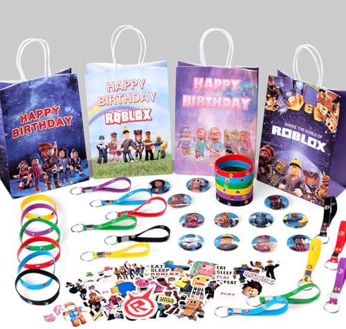 98pcs Birthday Party Favors Set with Bracelets Pins Keychains Bags Stickers