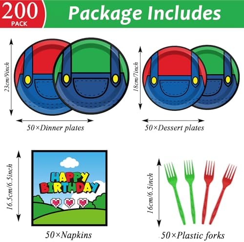 200pcs Super Brother Party Supplies Plates Napkins Forks