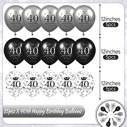 40th Birthday Balloons 15pcs Black Silver Party Decorations