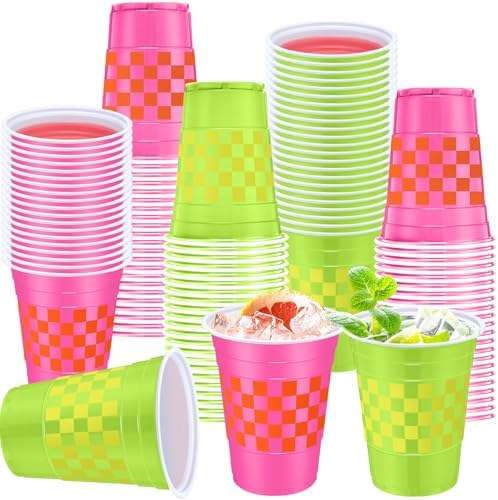 60 Pcs Pink Green Checkered Plastic Cups 16 oz