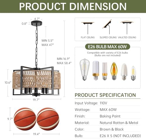 5 Light Rattan Chandelier Modern Farmhouse Design