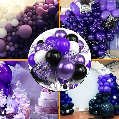 Purple and Black Balloons 60 Pack 12 Inch Metallic Confetti