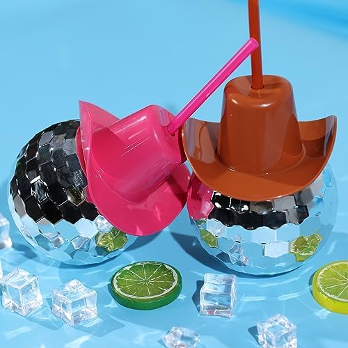 12Pcs Disco Ball Pink Cowgirl Hat Cups with Straws