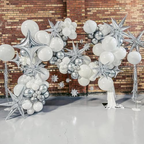 Silver Star Balloons Set with 6Pcs 22Inch Cone Star Foil and 10Pcs 10Inch Four Pointed Star Balloons