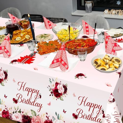 Avezano 3pcs Burgundy Floral Birthday Tablecloths 108x54 inch Red Pink Party Decorations