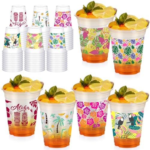 60 Pack Tropical Luau Party Cups with Flamingo and Pineapple Print