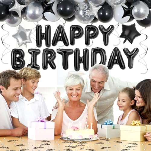 Black Happy Birthday Balloons Decorations with Star Balloons and Confetti