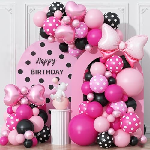 Pink Black Balloons Arch Garland with Bow Heart Foil Balloon Cartoon Mouse Party Decorations