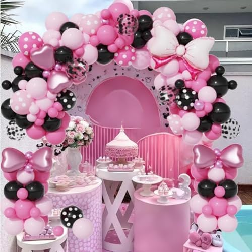 Pink Black Balloons Arch Garland with Bow Heart Foil Balloon Cartoon Mouse Party Decorations