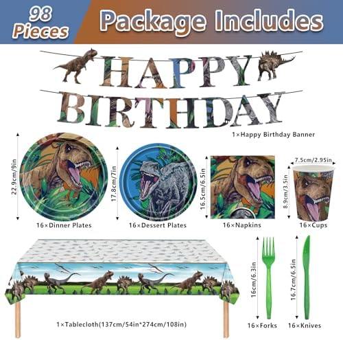 98PCS Dinosaur Party Tableware Set for 16 Guests