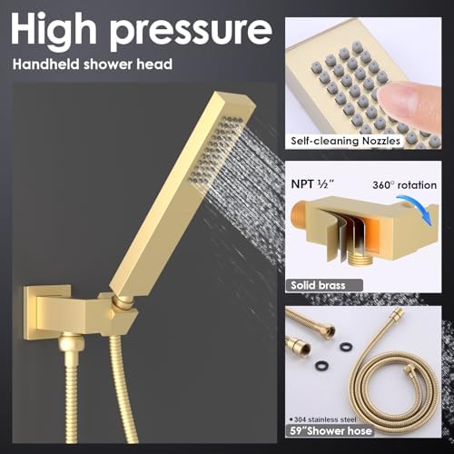 Enga Square Brushed Gold Brass Handheld Shower Head Set