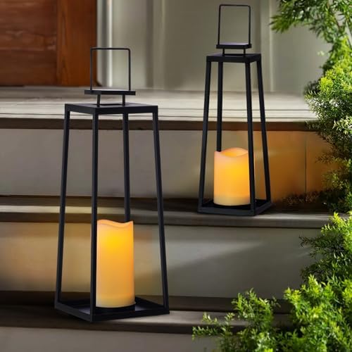 SunnyPark Solar Lantern Set of 2 Modern Black Metal Outdoor Decor