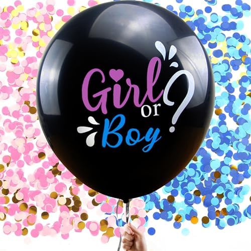 Ysqool Jumbo Gender Reveal Balloon 36 Inch Black with Pink and Blue Confetti