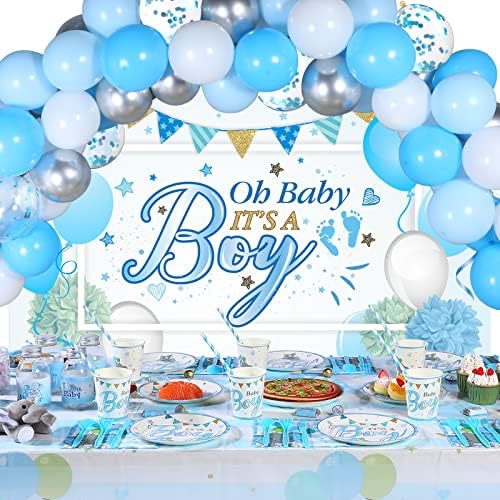 Chengu 194 Pcs Elephant Baby Shower Decorations - Blue Boy Theme Backdrop Tablecloth Balloons Tableware