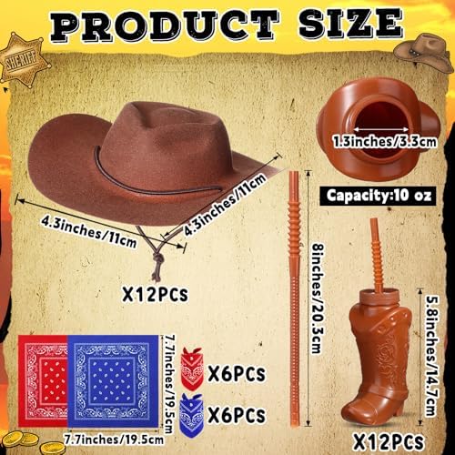 Xtinmee 72 Pcs Cowboy Boot Cups with Mini Hats and Paisley Bandanas Set for 12 or 24 Guests