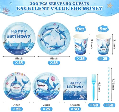Kinovo 300 Pcs Shark Tableware Set for 50 Guests