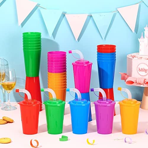 Zubebe 96 Pcs Neon Straws Cups 12 oz Reusable Party Supplies