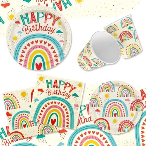 Retro Rainbow Happy Birthday Party Supplies Set for 25 Guests