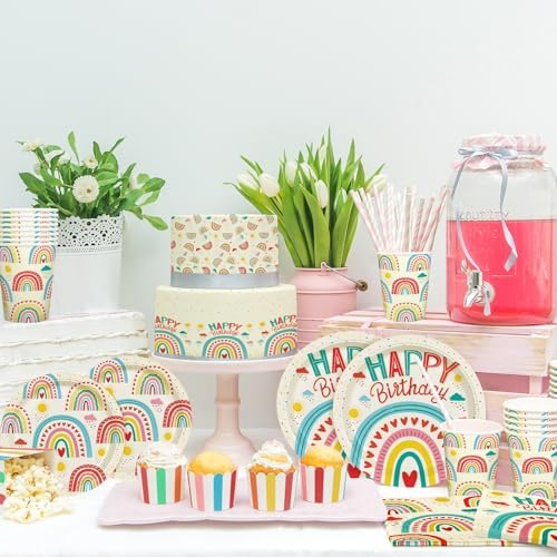 Retro Rainbow Happy Birthday Party Supplies Set for 25 Guests