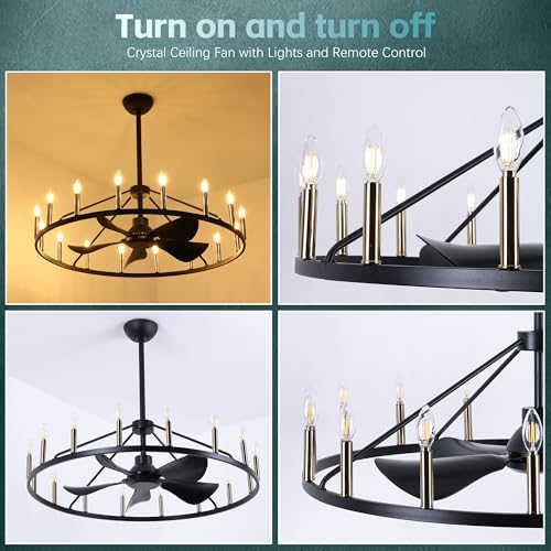 44 Inch Black Gold Wagon Wheel Ceiling Fan with Light