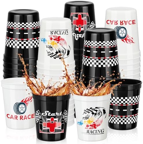Domensi 24 Pcs Racing Car Party Cups 16oz Checkered Flag Favors