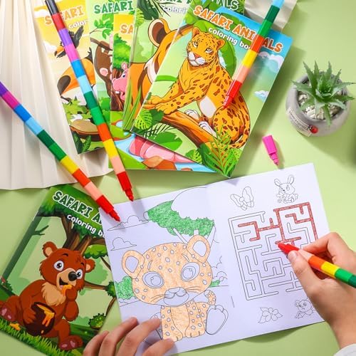 BenLouis 24 Jungle Safari Mini Coloring Books with Stacking Crayons