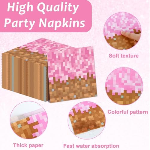 96Pcs Pixel Girl Birthday Plates Napkins Forks Set