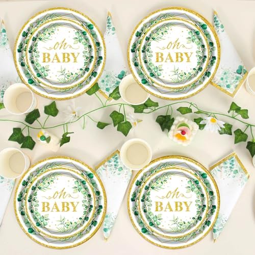 Sage Greenery Baby Shower Plates Napkins Tableware Set - 175 Pcs Gender Neutral Party Supplies