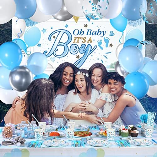 Chengu 194 Pcs Elephant Baby Shower Decorations - Blue Boy Theme Backdrop Tablecloth Balloons Tableware