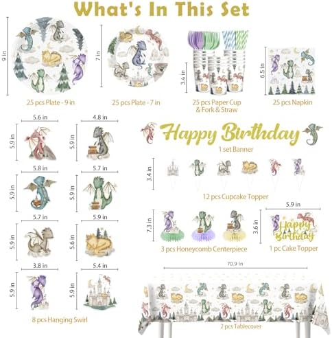 185Pcs Dragon Birthday Decorations Tableware Set