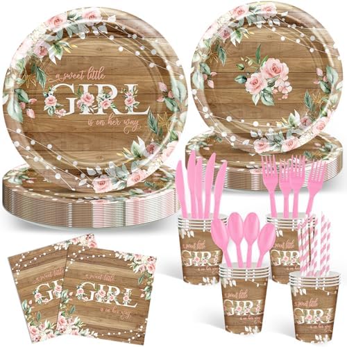 Avezano 192 Pcs Rustic Girl Baby Shower Decorations Plates Napkins Cups Set for 24 Guests
