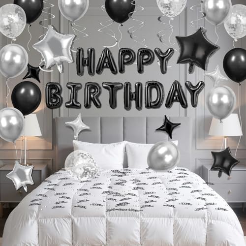 Black Happy Birthday Balloons Decorations with Star Balloons and Confetti