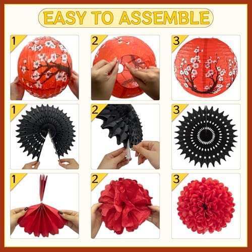 14Pcs Hibachi Party Decor Kit with Japanese Lanterns and Pom Poms