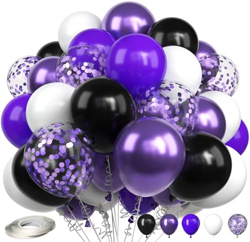 Purple and Black Balloons 60 Pack 12 Inch Metallic Confetti