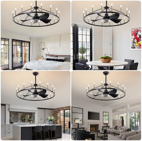 44 Inch Black Gold Wagon Wheel Ceiling Fan with Light