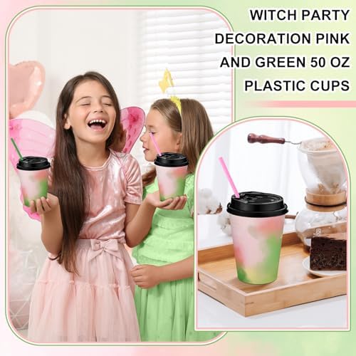 50 pcs Pink Green Halloween Witch Party Cups with Lid