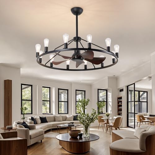 Farmhouse Wagon Wheel Ceiling Fan with Light and Remote