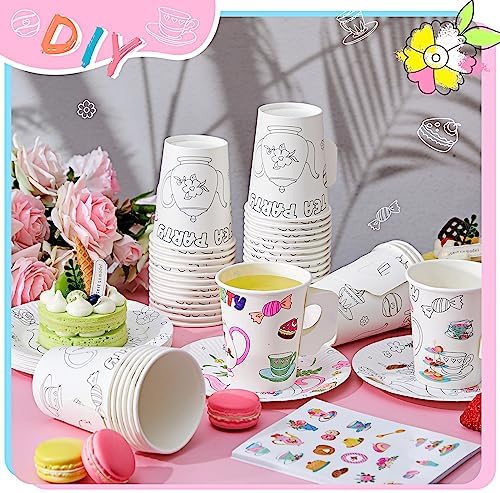 Lenwen 48 Piece Color Your Own Tea Party Cups with Handles and Plates