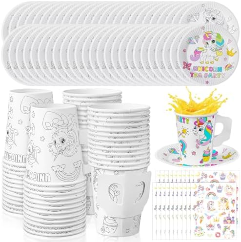 Lenwen 48 Piece Unicorn Tea Party Cups with Handle and Plates