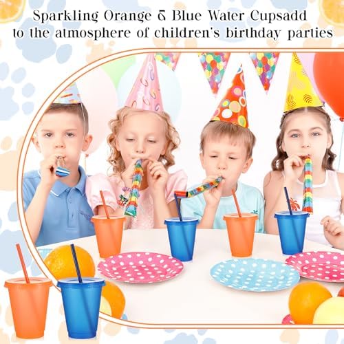 Rtteri 12 Pack Blue Orange Glitter Party Cups with Lids and Straws