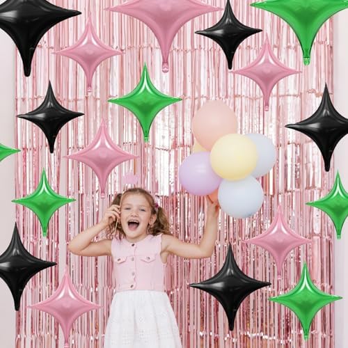 12PCS Black Pink Green Star Foil Balloons