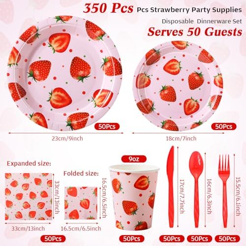 Ziliny 350 Pcs Strawberry Party Plates Set for 50 Guests