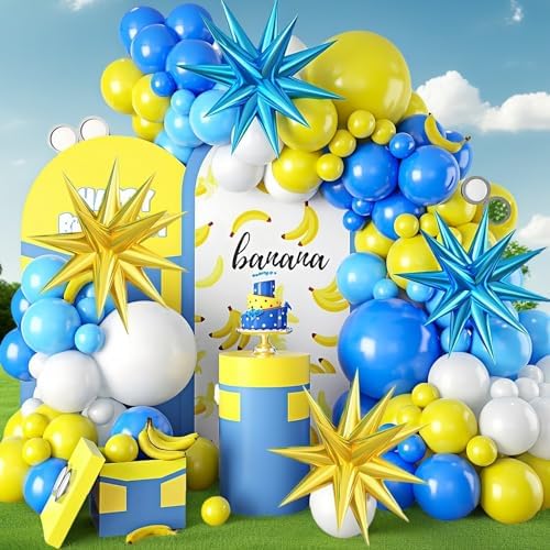 115PCS Light Blue White Yellow Latex Balloons with Aluminum Foil and Glue Dots