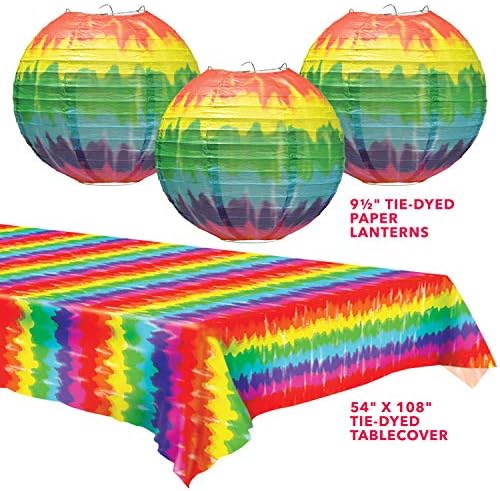 Tie Dye Paper Lanterns and Table Cover Set - 60s Hippie Party Decor